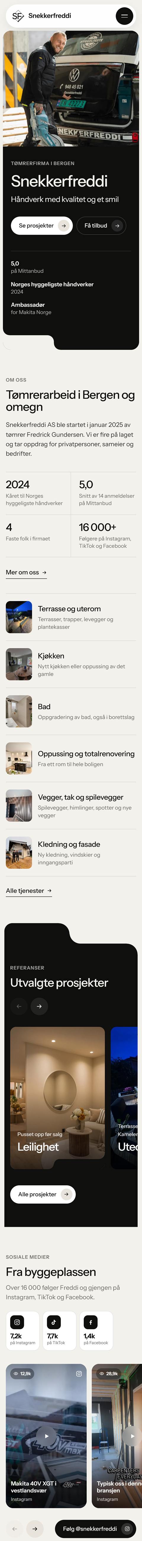Nettsiden til Snekkerfreddi på mobil